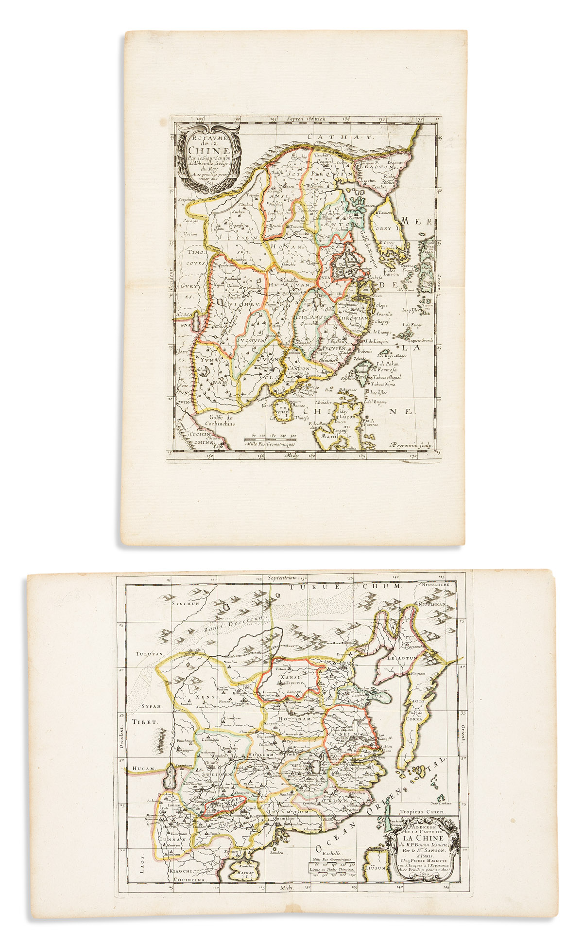 (CHINA.) Two small format seventeenth-century double-page engraved maps of China and Korea.